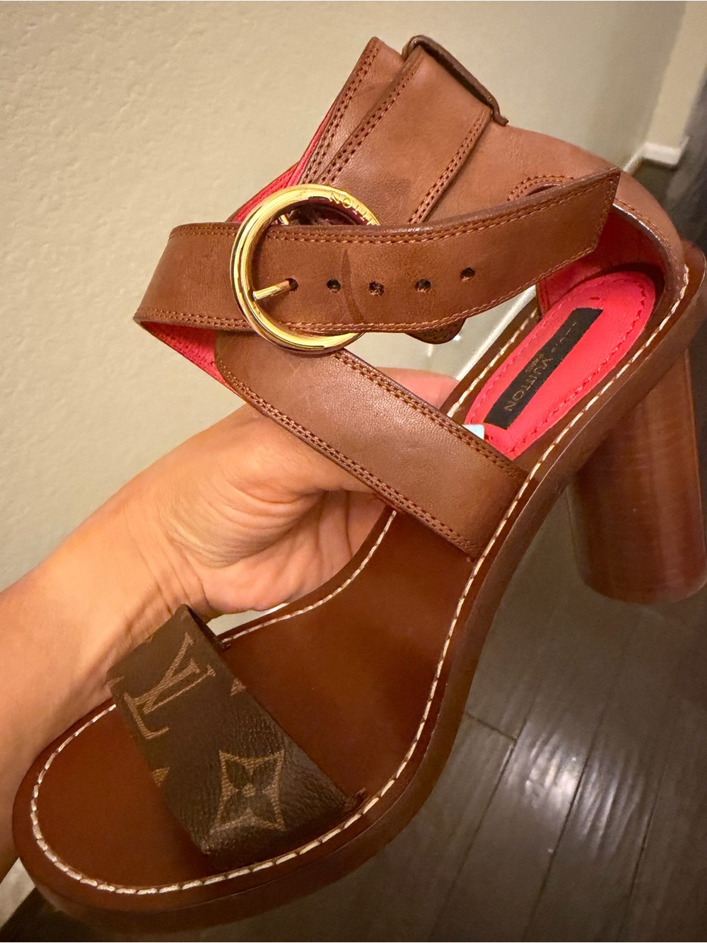 Louis Vuitton Brown Leather & Monogram Block Heel Sandals with Pink Lining. - Picture 2 of 5